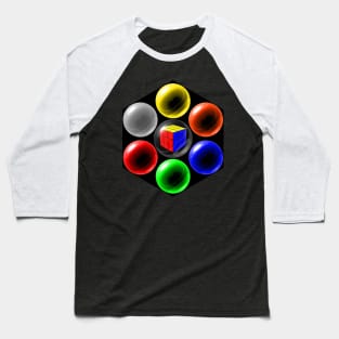 Rubik's Cube in a Glass Ball with Six Surrounding Colourful Glass Balls Baseball T-Shirt